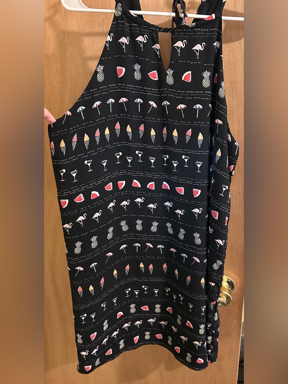 Finn & Grace Tropical Beach Halter Dress Medium Black Flamingo Pineapple